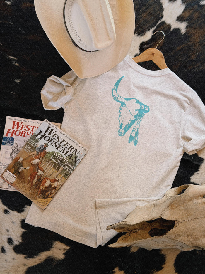 Turquoise Old Western Skull / Gray T-Shirt